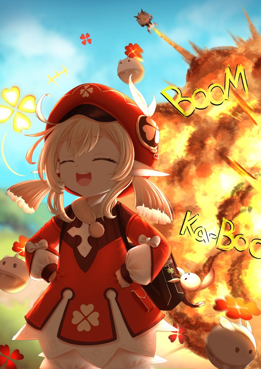 1girl :d ^_^ absurdres ahoge ayayayume backlighting backpack bag bag_charm bloomers blue_sky blurry brown_gloves brown_scarf cabbie_hat charm_(object) closed_eyes cloud cloudy_sky clover_print coat commentary_request depth_of_field dodoco_(genshin_impact) english_text explosion explosion_gag genshin_impact gloves hair_between_eyes hands_on_own_hips hat hat_feather hat_ornament highres hilichurl_(genshin_impact) jumpy_dumpty klee_(genshin_impact) laughing light_brown_hair long_hair long_sleeves looking_at_viewer low_twintails open_mouth pocket pointy_ears randoseru red_coat red_headwear scarf sidelocks sky smile twintails underwear