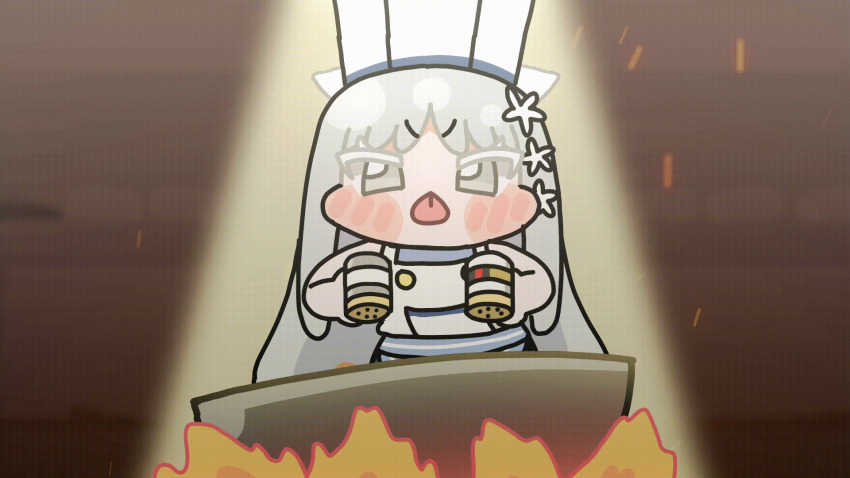 animated animated_gif blue_archive blush blush_stickers fire food highres holding_spice_shaker nagusa_(blue_archive) omelet onion shaking spotlight swaying_hip tongue tongue_out v-shaped_eyebrows wok zeroku77