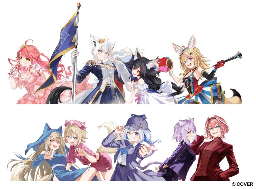 6+girls :d ;d aged_down ahoge alternate_costume alternate_hairstyle amane_kanata animal_ear_fluff animal_ear_piercing animal_ears aqua_eyes arms_behind_back back_bow bandaid bandaid_hair_ornament black_hair black_streaks blonde_hair blue_dress blue_eyes blue_hair blue_hairband blue_jacket blue_neckerchief blue_skirt book bow bow_skirt bowtie braid cat_ears cat_girl cat_tail closed_eyes closed_mouth clothing_cutout coif collared_shirt colored_inner_hair commentary_request copyright_notice crossed_bangs crown deerstalker dog_ears dog_girl double-parted_bangs dress epaulettes fake_horns flag flipped_hair fox_ears fox_girl frilled_gloves frills fuwawa_abyssgard gloves gold_tiara green_eyes grey_hair grin hair_between_eyes hair_ornament hair_over_one_eye hairband hairclip hand_in_pocket hand_up hat head_wings holding holding_book holding_flag holding_microphone hololive hololive_english horn_hairband horns hyde_(tabakko) jacket jester_cap large_bow layered_dress layered_skirt long_hair looking_at_viewer low-tied_long_hair low_twin_braids messy_hair microphone mini_crown miniskirt mococo_abyssgard multicolored_hair multiple_girls navel_cutout neckerchief nekomata_okayu nun nurse_cap official_alternate_costume official_alternate_hairstyle official_art omaru_polka omaru_polka_(1st_costume) one_eye_closed ookami_mio open_mouth parallel_hairclips pencil_skirt pink_dress pink_eyes pink_hair pink_hairband pink_shirt pink_skirt pink_streaks pink_wings pointy_ears purple_eyes purple_hair purple_hat purple_jacket purple_skirt purple_sweater red_bow red_bowtie red_hair red_jacket ribbed_sweater sakura_miko sakura_miko_(flower_fantasista!) shirakami_fubuki shirakami_fubuki_(fbkingdom) shirt shirt_tucked_in short_hair shoulder_cutout side_braid side_slit sidelocks simple_background skirt smile streaked_hair striped_clothes striped_skirt suit_jacket sweater swept_bangs tail takane_lui tilted_headwear torn_clothes torn_skirt turtleneck turtleneck_sweater twin_braids two_side_up vertical-striped_clothes vertical-striped_skirt very_long_hair virtual_youtuber white_background white_dress white_gloves white_hair white_shirt wings wolf_ears wolf_girl x_hair_ornament yellow_eyes
