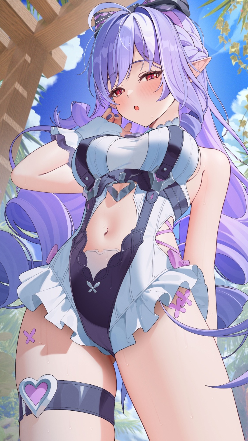 1girl bare_shoulders black_bow blue_sky blush bow braid breasts casual_one-piece_swimsuit clothing_cutout commentary_request day fingernails from_below hair_bow half_up_braid hand_up highres jumonji large_breasts long_hair looking_at_viewer mole mole_under_eye multicolored_hair nail_polish navel official_alternate_costume one-piece_swimsuit open_mouth outdoors paid_reward_available pointy_ears purple_hair purple_nails red_eyes sidelocks sky solo stomach stomach_cutout streaked_hair swimsuit thigh_strap thighs very_long_hair vivian_banshee vivian_banshee_(iris_of_the_shore) white_one-piece_swimsuit zenless_zone_zero