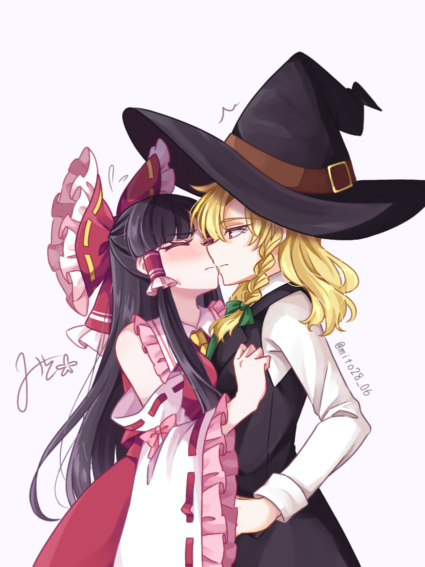 2girls ascot black_hair black_hat black_vest blonde_hair blush bow braid breast_press closed_eyes closed_mouth collared_shirt commentary_request detached_sleeves frilled_bow frilled_hair_tubes frills green_bow hair_bow hair_tubes hakurei_reimu hat highres imminent_kiss kirisame_marisa long_hair long_sleeves mito_(fate) multiple_girls red_bow red_eyes red_skirt ribbon-trimmed_sleeves ribbon_trim shirt side_braid signature simple_background single_braid skirt skirt_set touhou twitter_username very_long_hair vest white_shirt witch_hat yellow_ascot yuri