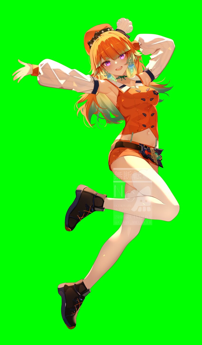 1girl :d absurdres armpits beret bilingual_commentary black_shoes breasts buttons chef_hat colored_inner_hair commentary detached_sleeves double-breasted english_commentary feathers full_body gradient_hair green_background green_feathers green_hair hair_flaps hand_up hat highres hololive hololive_english ishihara_(kuniyoshi) looking_at_viewer medium_breasts midriff mini_hat miniskirt mixed-language_commentary multicolored_hair multiple_hats navel open_mouth orange_hair orange_hat orange_skirt orange_vest outstretched_arm purple_eyes ribbed_sleeves shoes simple_background skirt smile sneakers solo takanashi_kiara takanashi_kiara_(1st_costume) teeth thighhighs upper_teeth_only vest watermark white_hat white_thighhighs