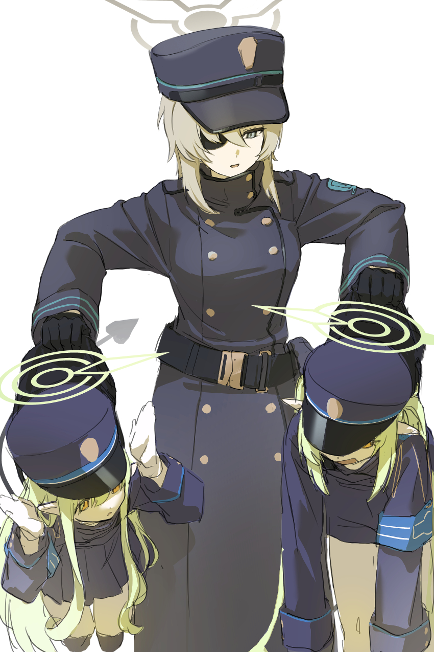 3girls absurdres armband belt black_belt black_gloves blonde_hair blue_archive blue_armband blue_coat blue_eyes brown_halo buttons carrying carrying_multiple_people carrying_person clothes_grab coat dangling demon_tail double-breasted eyepatch gloves green_hair green_halo halo hands_up hat highres hikari_(blue_archive) long_hair long_sleeves medium_hair multiple_girls nozomi_(blue_archive) peaked_cap piroshiki_(aoraro) pleated_skirt pointy_ears shorts siblings simple_background sisters skirt suou_(blue_archive) tail twins very_long_hair white_background white_gloves