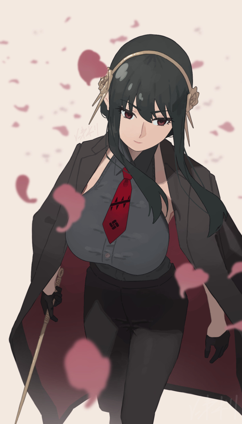 1girl black_coat black_gloves black_hair black_pants closed_mouth coat coat_on_shoulders collared_shirt dagger falling_petals gloves grey_hairband grey_shirt hairband highres knife necktie niwatori5948 pants petals red_eyes red_necktie shirt sleeveless sleeveless_shirt solo spy_x_family stiletto_(weapon) weapon yor_briar