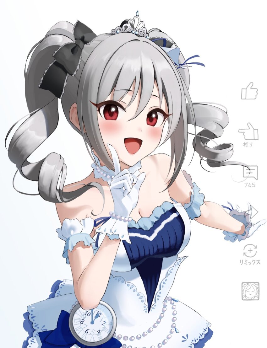 1girl arm_garter bare_shoulders blush breasts commentary_request dress drill_hair gloves grey_hair highres hoshino_ruby_dance idolmaster idolmaster_cinderella_girls index_finger_raised kanzaki_ranko kono_(116) long_hair looking_at_viewer open_mouth red_eyes simple_background small_breasts smile solo starry_sky_bright_(idolmaster) strapless strapless_dress tiara twin_drills upper_body watch white_background white_dress white_gloves