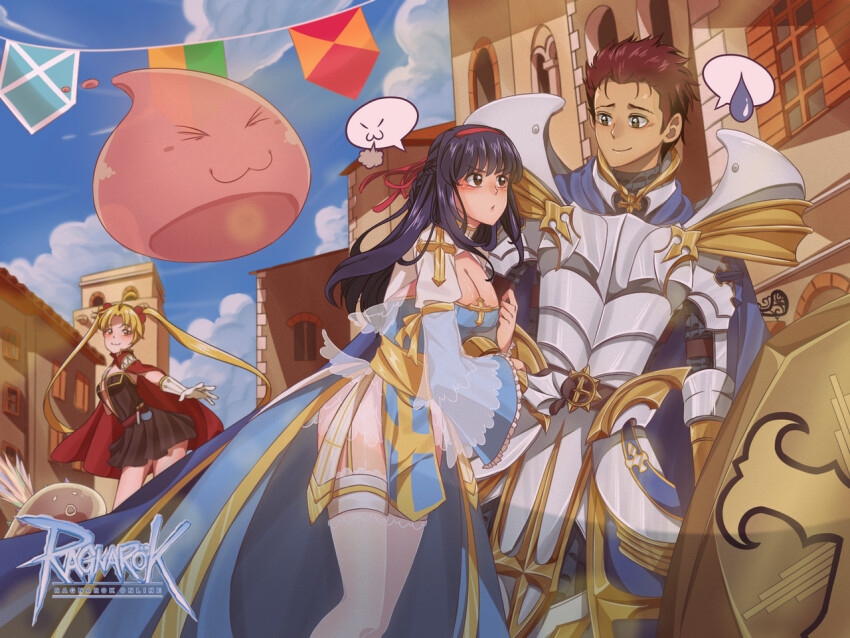 1boy 2girls :3 arch_bishop_(ragnarok_online) arm_hug armor black_hair blonde_hair blue_dress blue_sky breastplate breasts brown_dress brown_eyes brown_hair cape cleavage cleavage_cutout closed_mouth clothing_cutout commentary cowboy_shot creator_(ragnarok_online) cross cross_of_prontera dress english_commentary flags_of_all_nations garter_straps gauntlets gloves hairband holding holding_shield kaiiruuu large_breasts long_hair looking_at_another maya_(ragnarok_the_animation) multiple_girls outdoors pauldrons ragnarok_online ragnarok_the_animation red_cape red_hairband roan_(ragnarok_the_animation) royal_guard_(ragnarok_online) sash shield short_dress short_hair shoulder_armor sky smile strapless strapless_dress string_of_flags sweatdrop thighhighs twintails two-tone_dress vanilmirth_(ragnarok_online) white_dress white_gloves white_thighhighs yellow_sash yuufa