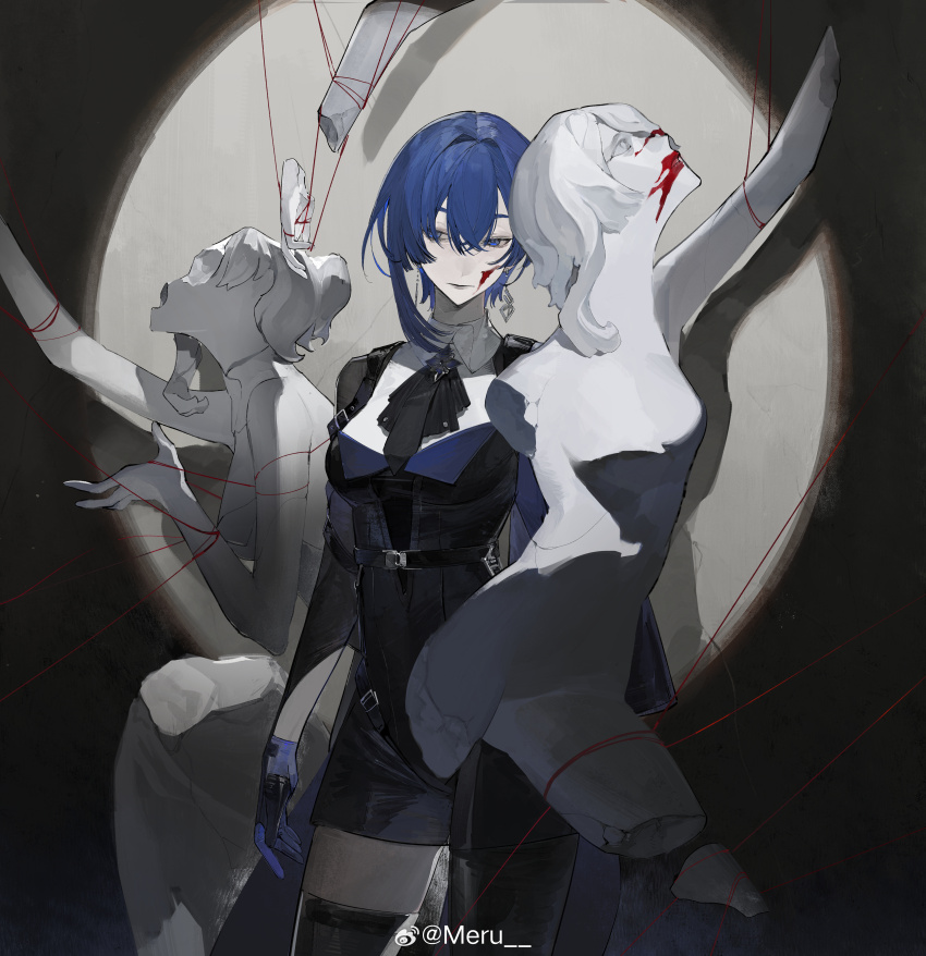 1girl absurdres ascot asymmetrical_legwear black_ascot blood blood_on_face blue_eyes blue_hair broken_statue character_request check_character check_copyright chinese_commentary commentary copyright_request crossed_bangs earrings hair_between_eyes hair_intakes highres jewelry looking_to_the_side meru02295238 mismatched_legwear original sculpture shirt short_hair silver_earrings solo spotlight string string_of_fate watermark weibo_username weibo_watermark white_shirt