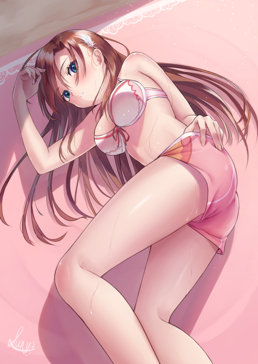 1girl 200f_(nifu) absurdres beach bikini bikini_shorts blue_eyes blush breasts brown_hair cliana_rimskaya clothes_pull feather_hair_ornament feathers female_focus flower hair_between_eyes hair_flower hair_ornament highres long_hair looking_at_viewer lying medium_breasts on_side outdoors parted_lips pink_bikini pink_shorts shiny_skin short_shorts shorts shorts_pull solo super_robot_wars super_robot_wars_destiny swimsuit very_long_hair white_bikini white_flower