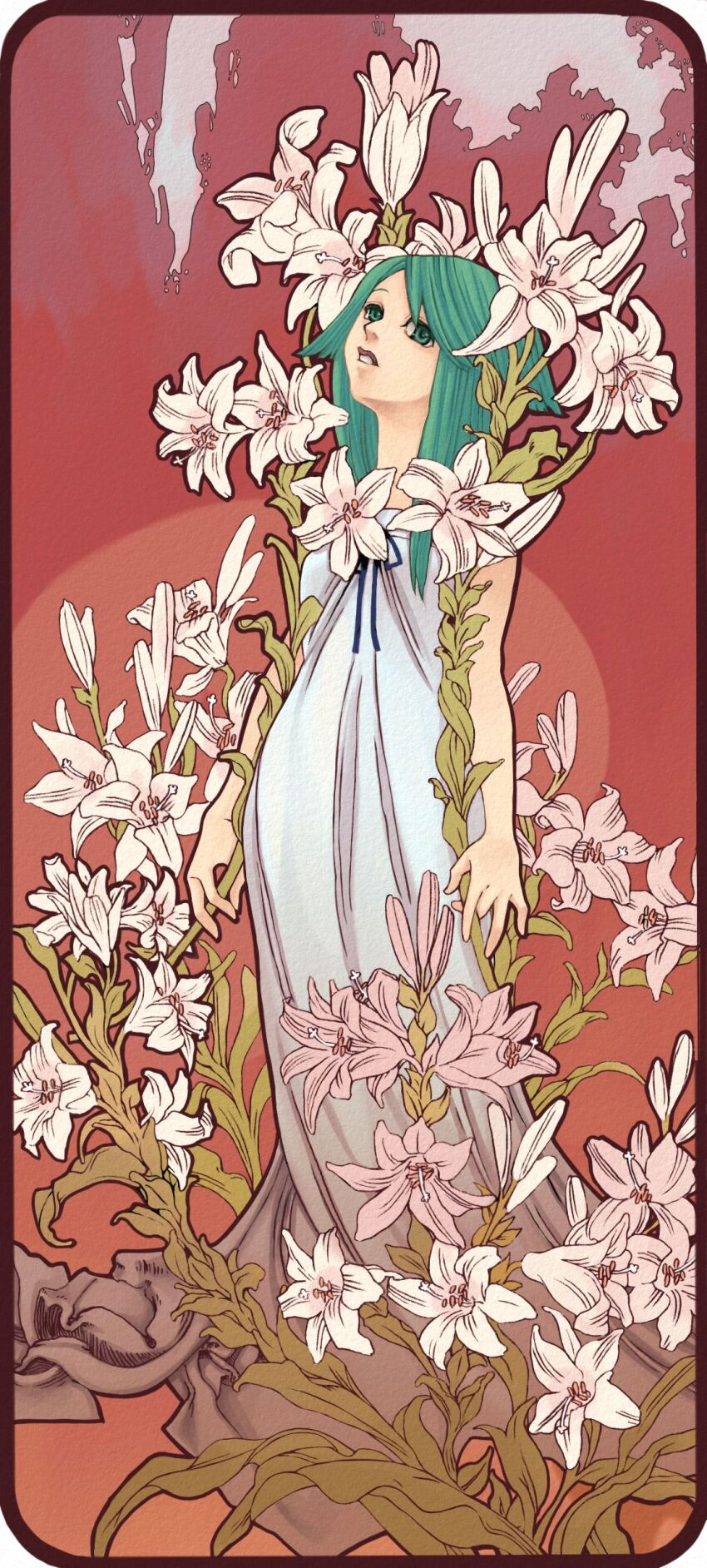 1girl absurdres art_nouveau commentary_request dress flower green_eyes green_hair highres lily_(flower) long_hair saitou_nekoichi saya_(saya_no_uta) saya_no_uta solo white_dress white_flower