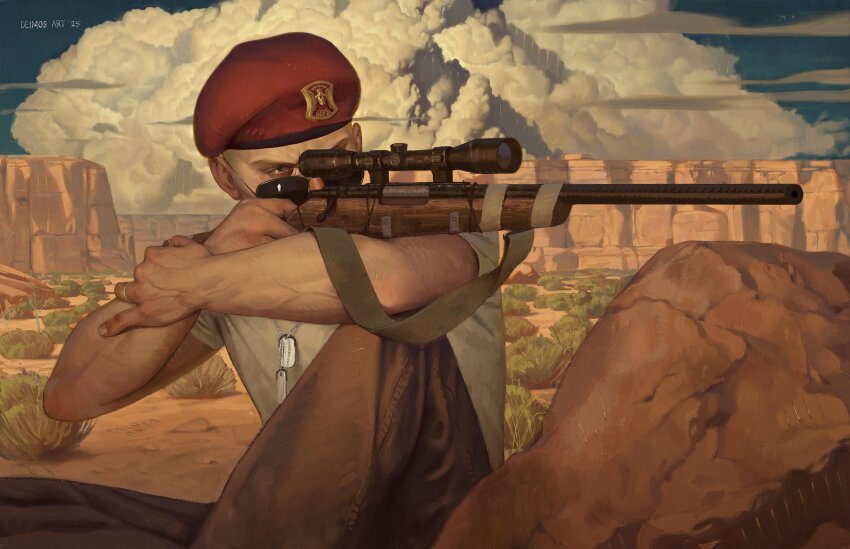 1boy absurdres beret blue_sky bolt_action buzz_cut cloud cloudy_sky craig_boone deimos_art dog_tags fallout fallout:_new_vegas gun gun_sling hat highres jewelry mountainous_horizon new_california_republic rifle ring rock scope shirt short_hair sitting sky sniper_rifle sunglasses t-shirt veins veiny_arms very_short_hair weapon wedding_ring