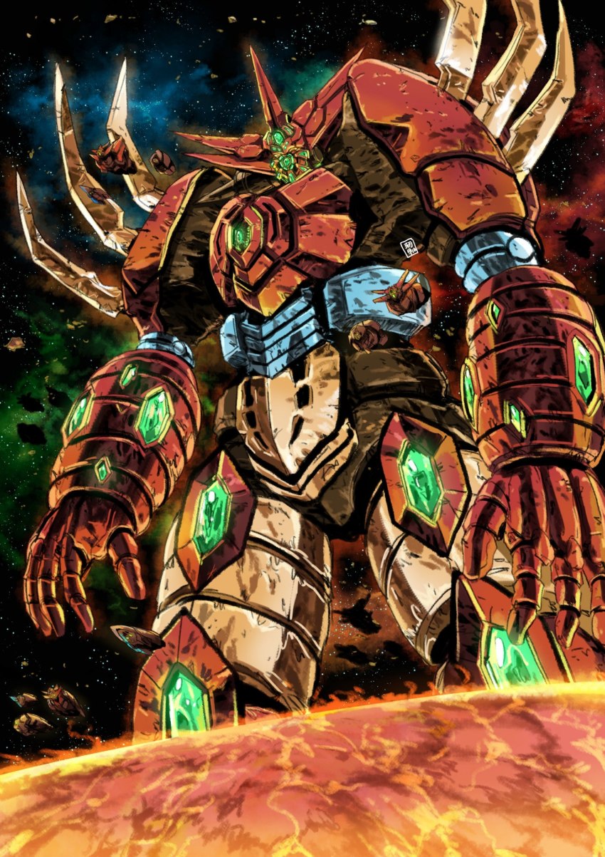 garimpeiro getter_emperor getter_robo glowing glowing_eyes highres horns looking_down mecha mecha_focus no_humans open_hands robot solo space standing super_robot_wars yellow_eyes