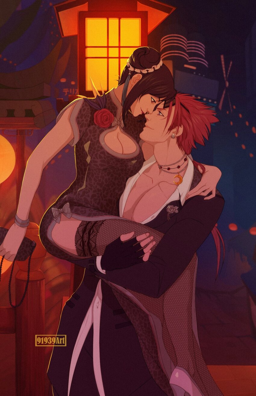 1boy 1girl 91939art animal_print arms_around_neck bag black_gloves black_hair black_jacket black_kimono black_thighhighs bow breasts carrying carrying_person carrying_under_arm cleavage cleavage_cutout closed_mouth clothing_cutout corsage couple dress dress_bow earrings eye_contact face-to-face final_fantasy final_fantasy_vii final_fantasy_vii_remake fingerless_gloves flower formal_clothes gloves goggles goggles_on_head grey_bow hair_ornament hand_on_another&#039;s_neck handbag hetero high_heels highres holding holding_bag imminent_kiss jacket japanese_clothes jewelry kanoko_(pattern) kimono large_breasts legs leopard_print lifting_person long_hair looking_at_another low_ponytail official_alternate_costume open_clothes open_shirt pants pink_shoes ponytail red_eyes red_flower red_hair reno_(ff7) shirt shoes short_kimono side_slit smile spiked_hair suit thighhighs tifa_lockhart tifa_lockhart_(exotic_dress) two-tone_kimono wide_sleeves zettai_ryouiki