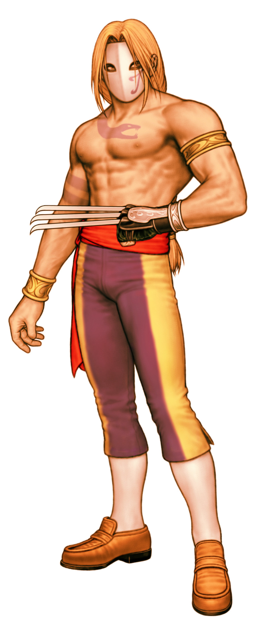 1boy absurdres blonde_hair braid capcom_vs_snk claw_(weapon) game_cg highres long_hair male_focus mask mori_toshiaki multicolored_pants muscular muscular_male non-web_source official_art pants pectorals red_sash sash simple_background snake_tattoo solo street_fighter tattoo vega_(street_fighter) very_long_hair weapon white_background
