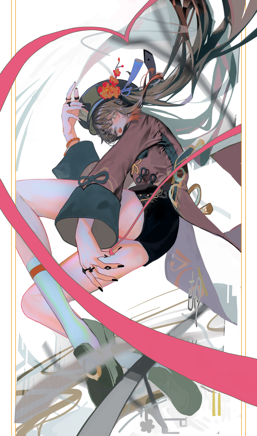 1girl absurdres bead_bracelet beads black_nails black_shorts bracelet brown_coat brown_hair character_name chinese_clothes chinese_commentary coat coattails commentary floating_hair flower flower-shaped_pupils from_below full_body genshin_impact grey_eyes hand_up hat hat_flower hat_tassel heart highres hu_tao_(genshin_impact) jewelry kayakooooo loafers long_hair long_sleeves looking_at_viewer looking_down multiple_rings open_mouth outside_border pillarboxed plum_blossoms porkpie_hat red_flower ring shoes short_shorts shorts smile socks solo string string_of_fate symbol-shaped_pupils tailcoat thumb_ring translation_request twintails very_long_hair white_socks wide_sleeves