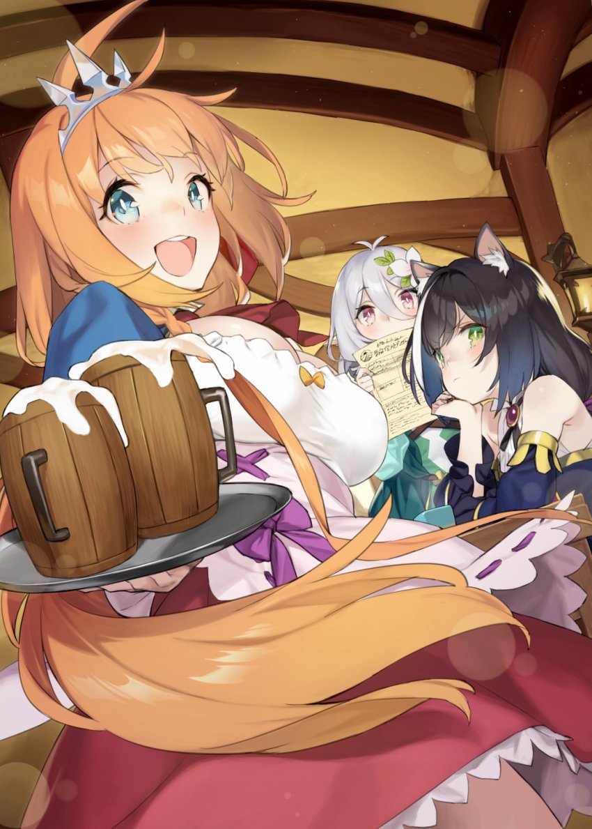 3girls 92m ahoge alcohol animal_ear_fluff animal_ears antenna_hair beer beer_mug black_hair blue_eyes blush braid breasts cat_ears cat_girl cleavage commentary covering_own_mouth cup detached_sleeves dress dutch_angle elbow_rest elf flower foam frown green_dress green_eyes hair_between_eyes hair_flower hair_ornament hair_ribbon hand_on_own_cheek hand_on_own_face happy head_rest highres holding holding_paper inn karyl_(princess_connect!) kokkoro_(princess_connect!) large_breasts long_hair looking_at_viewer low_twintails mug multicolored_hair multiple_girls orange_hair paper pecorine_(princess_connect!) pink_eyes pointy_ears princess_connect! red_ribbon ribbon round_teeth short_hair side_braid sideways_glance sitting skirt sleeveless sleeveless_dress symbol-only_commentary table tankard teeth tiara tray twintails upper_teeth_only white_flower white_hair