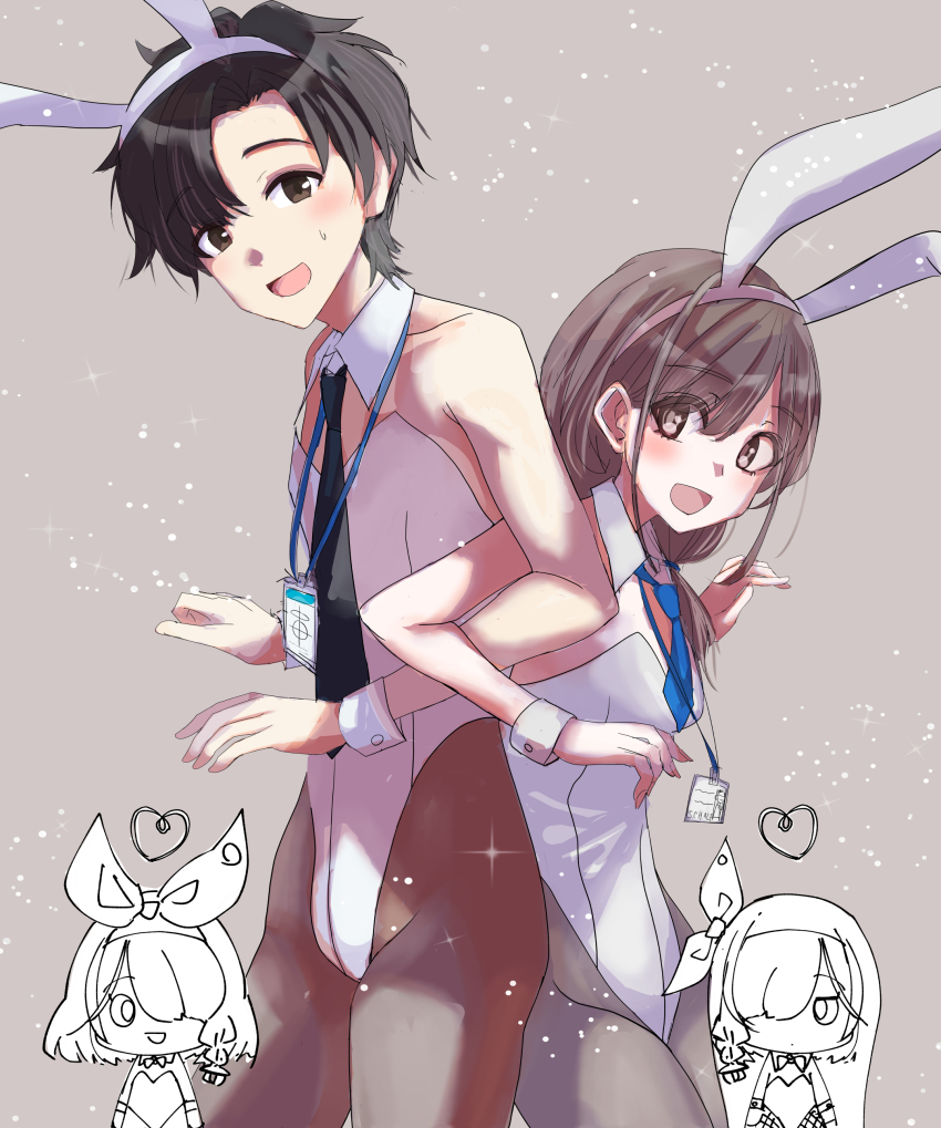 1boy 3girls :d absurdres animal_ear_hairband animal_ears arms_at_sides arona_(blue_archive) back-to-back black_hair black_necktie blue_archive blue_archive_the_animation blue_necktie blush bow_hairband braid breasts brown_background brown_eyes brown_hair brown_pantyhose chibi chibi_inset closed_mouth commentary_request cowboy_shot crossdressing curtained_hair detached_collar dot_mouth expressionless fake_animal_ears fanged_bangs female_sensei_(blue_archive) fumino5jyo grey_pantyhose hair_over_one_eye hair_tie hairband heart height_difference highleg highleg_leotard highres lanyard leotard light_particles locked_arms long_hair looking_at_another looking_at_viewer looking_to_the_side low_ponytail male_playboy_bunny multiple_girls necktie one_eye_covered open_mouth pantyhose partially_colored plana_(blue_archive) ponytail rabbit_ear_hairband rabbit_ears schale_logo sensei_(blue_archive) sensei_(blue_archive_the_animation) short_hair side_braid simple_background small_breasts smile sweatdrop variant_set very_short_hair white_hairband white_leotard white_wrist_cuffs wrist_cuffs
