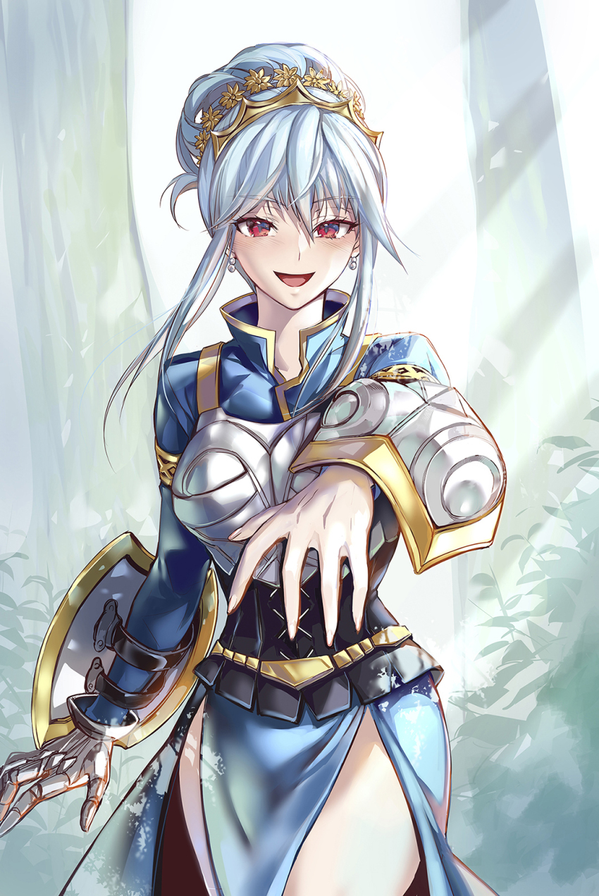 1girl arm_shield armor armored_dress blue_dress blue_hair blush braid braided_bun breastplate buckler clasp commentary_request crown dress earrings eyelashes foreshortening gauntlets hair_between_eyes hair_bun hairband happy highres jewelry light_blue_hair long_hair looking_at_viewer mintes open_mouth red_eyes shield single_gauntlet smile solo solo_focus standing thighs tree unicorn_overlord virginia_(unicorn_overlord)