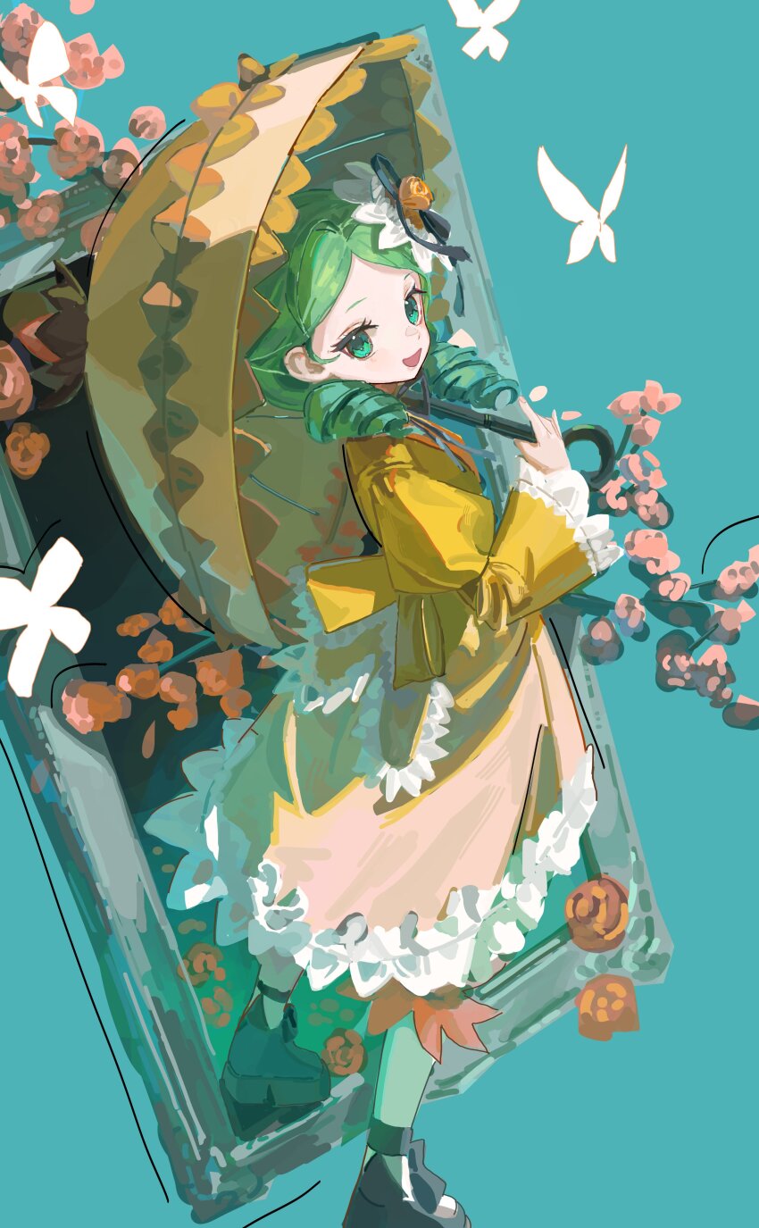 1girl :d absurdres aqua_background back_bow black_shoes bloomers bow bug butterfly commentary dress drill_hair flower frilled_dress frilled_sleeves frills full_body green_eyes green_hair hair_ornament highres holding holding_umbrella iinagi_(kashiwa_keira) insect juliet_sleeves kanaria long_sleeves looking_at_viewer medium_hair open_mouth pantyhose parasol portrait_(object) puffy_sleeves rose rozen_maiden shoes simple_background smile solo standing twin_drills umbrella underwear yellow_dress