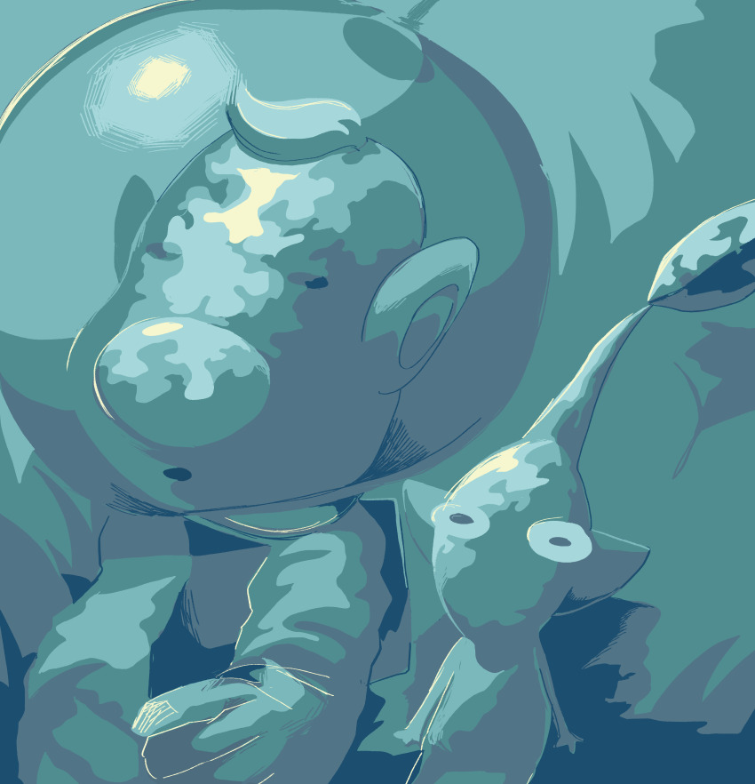 1boy absurdres aqua_background aqua_theme backpack bag big_nose closed_eyes commentary_request expressionless gloves helmet highres iat-418 leaf looking_at_viewer louie_(pikmin) male_focus monochrome nintendo no_mouth parted_lips pikmin_(creature) pikmin_(series) pointy_ears radio_antenna short_hair space_helmet spacesuit standing very_short_hair yellow_pikmin