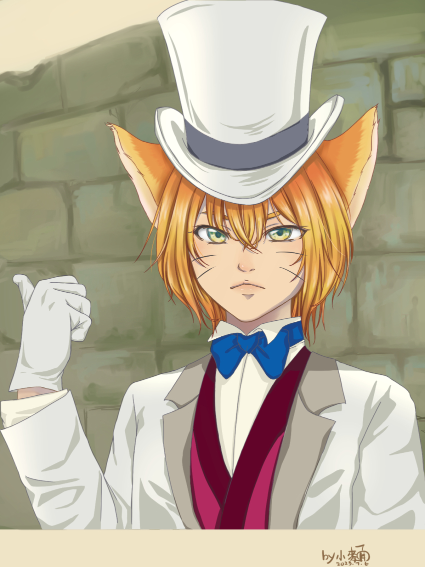 1boy animal_ears bishounen bow bowtie cat_boy cat_ears commentary_request formal_clothes gloves green_eyes hat highres humanization looking_at_viewer male_focus neko_no_ongaeshi noodle.19 orange_hair outdoors short_hair signature solo suit the_baron_(mimi_wo_sumaseba) top_hat upper_body whiskers