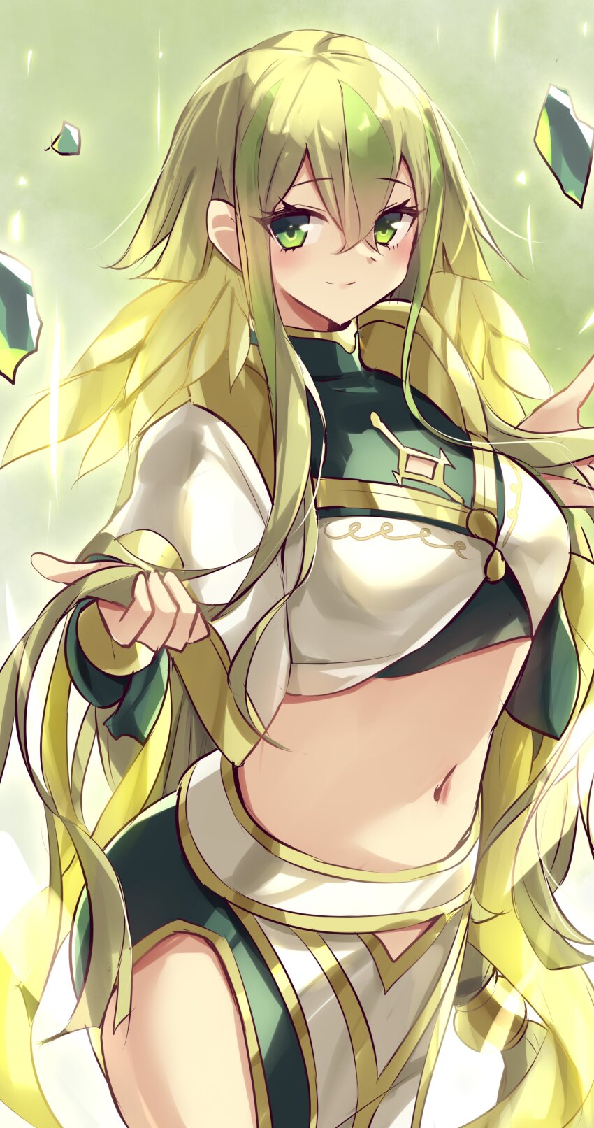 1girl absurdres blonde_hair blush closed_mouth duel_monster feathered_wings green_background green_eyes hair_between_eyes head_wings highres hu-li_the_jewel_mikanko japanese_clothes kanzakietc long_hair long_sleeves looking_at_viewer midriff navel nontraditional_miko official_alternate_costume official_alternate_hairstyle simple_background smile solo stomach wings yu-gi-oh!