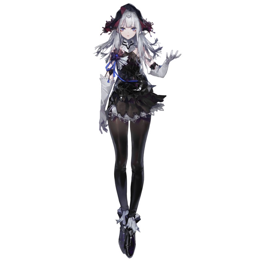 1girl ankle_boots artist_request bare_shoulders black_boots black_dress black_pantyhose black_veil blue_eyes blue_ribbon boots closed_mouth dress elbow_gloves expressionless eyeshadow full_body girls&#039;_frontline glove_garter gloves hair_ornament hand_up headgear highres layered_dress long_hair looking_at_viewer makeup nyto_(girls&#039;_frontline) official_art open_hand pantyhose paradeus red_eyeshadow ribbon sana_(boss)_(girls&#039;_frontline) sana_(girls&#039;_frontline) shoulder_ribbon simple_background solo spoilers third-party_source transparent_background triangular_pattern usekh_collar veil white_gloves white_hair