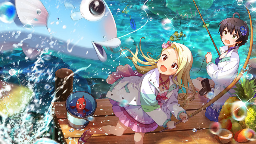 2girls ahoge alternate_hair_color black_hair blonde_hair blue_tang_fish boots breasts bucket cleavage clownfish coat dock earrings fish fishing fishing_rod food forehead fruit game_cg green_eyes hair_ornament holding idolmaster idolmaster_million_live! idolmaster_million_live!_theater_days jewelry minase_iori multiple_girls official_art open_mouth pineapple red_eyes sakuramori_kaori sandals sitting splashing water white_coat