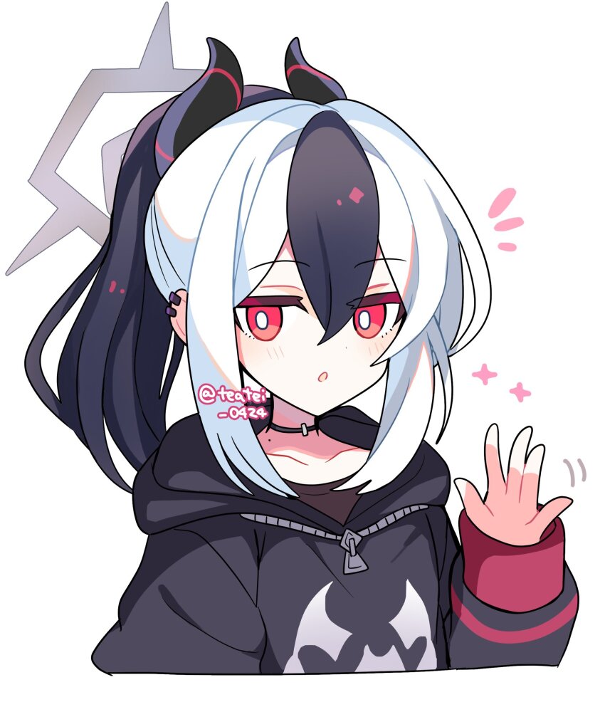 1girl :o black_choker black_hair black_hoodie black_horns blue_archive blush bright_pupils choker collarbone commentary cropped_torso dot_nose ear_piercing grey_halo hair_between_eyes halo hand_up highres hood hood_down hoodie horns jitome kayoko_(blue_archive) long_hair long_sleeves looking_at_viewer multicolored_hair notice_lines open_mouth piercing ponytail red_eyes shirocha_tei simple_background solo studded_choker twitter_username two-tone_hair white_background white_hair white_pupils