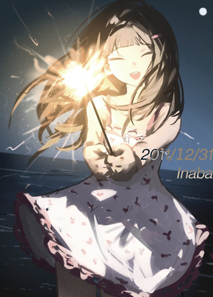 1girl absurdres blunt_bangs brown_hair closed_eyes commentary_request cowboy_shot doujima_nanako dress facing_viewer fireworks full_moon hair_ornament hairclip highres holding holding_fireworks k1kiwa lace lace-trimmed_dress lace_trim location_name long_hair moon night night_sky ocean open_mouth persona persona_4 print_dress sky smile solo spaghetti_strap sparkler teeth timestamp upper_teeth_only white_dress wind