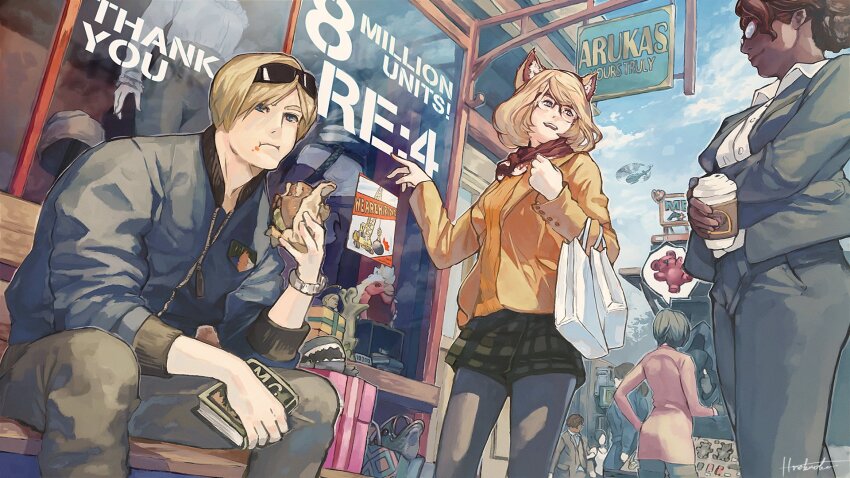 2boys 3girls :d :i ada_wong animal_ears artist_request ashley_graham bag black_hair blonde_hair blue_jacket book brown_hair burger cat_ears cloud cloudy_sky cup disposable_coffee_cup disposable_cup dress eating eyewear_on_head food glasses green_skirt grey_pantyhose highres holding holding_book holding_burger holding_cup holding_food ingrid_hunnigan jacket leon_s._kennedy looking_ahead looking_at_another medium_hair merchant_(resident_evil) milestone_celebration multiple_boys multiple_girls official_art on_bench open_mouth orange_jacket orange_sweater pantyhose pointing red_dress red_scarf resident_evil resident_evil_4 resident_evil_4_(remake) scarf second-party_source shopping_bag short_hair sitting skirt sky smile spoken_object sunglasses sweater