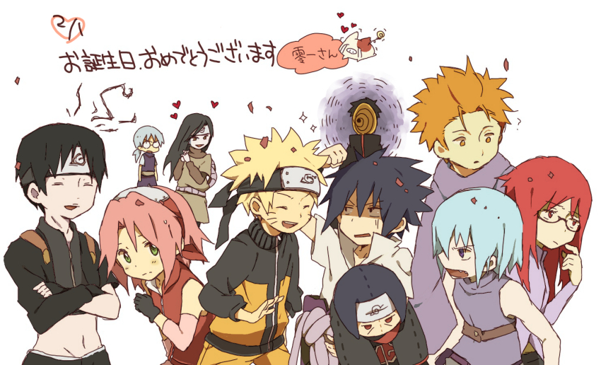 :/ ? ^_^ akatsuki_uniform annoyed black_eyes black_hair blonde_hair blue_hair blush bukiko cape closed_eyes crop_top crossed_arms detached_sleeves finger_to_mouth forehead_protector furrowed_brow glasses gloves green_eyes grey_hair hair_tied_back haruno_sakura headband heart holding holding_stuffed_toy hoozuki_suigetsu jacket japanese_text juugo_(naruto) karin_(naruto) layered_sleeves long_hair long_sleeves mask masked_madara multicolored_jacket multiple_boys multiple_girls narrowed_eyes naruto_(series) naruto_shippuuden navel orange_eyes orange_hair orochimaru_(naruto) own_hands_clasped pink_hair purple_cape purple_shirt red_eyes red_shirt rope_belt round_eyewear sai_(naruto) sharingan shirt short_hair short_over_long_sleeves short_sleeves spiked_hair stuffed_toy swoon tobi_(naruto) uchiha_itachi uchiha_obito uchiha_sasuke uzumaki_naruto yakushi_kabuto