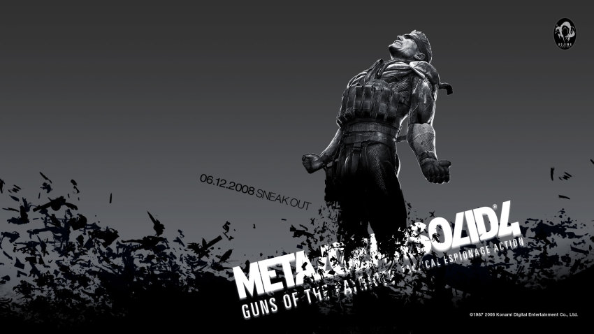 00s 1987 1boy 2008 artist_request copyright_name dissolving highres konami logo male_focus metal_gear_(series) metal_gear_solid_4:_guns_of_the_patriots monochrome official_art official_wallpaper old_snake short_hair solid_snake solo vulcan_raven