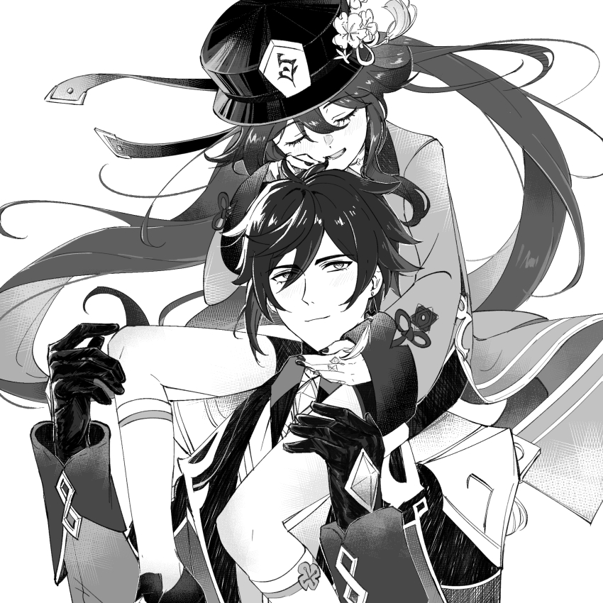 1boy 1girl black_gloves black_nails black_shorts carrying coattails earrings flower formal_clothes genshin_impact gloves hair_between_eyes hand_on_another&#039;s_head hat hat_flower highres hu_tao_(genshin_impact) jacket jewelry long_hair looking_at_viewer multiple_rings open_mouth plum_blossoms porkpie_hat ring shirt shorts shoulder_carry single_earring sitting sitting_on_person suit tassel tassel_earrings twintails very_long_hair zhongli_(genshin_impact) zzzhan