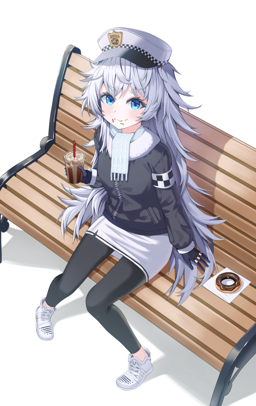 1girl absurdres bang255025 black_gloves black_jacket black_pantyhose closed_mouth coffee commentary cup disposable_cup donut food food_on_face from_above gloves goddess_of_victory:_nikke hat highres holding holding_cup jacket long_hair looking_at_viewer napkin on_bench pantyhose poli_(nikke) poli_(sweet_holic)_(nikke) police police_hat police_uniform policewoman scarf shoes simple_background sitting skirt smile sneakers solo sprinkles white_background white_hair white_scarf white_shoes white_skirt