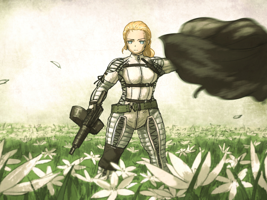 1girl assault_rifle beta_c-mag blonde_hair blue_eyes bodysuit carbine cloak drum_magazine field flower flower_field gun high-capacity_magazine highres ironlily looking_at_viewer m16 m231_firing_port_weapon magazine_(weapon) metal_gear_(series) metal_gear_solid_3:_snake_eater patriot_(metal_gear) rifle short-barreled_rifle solo the_boss weapon white_flower