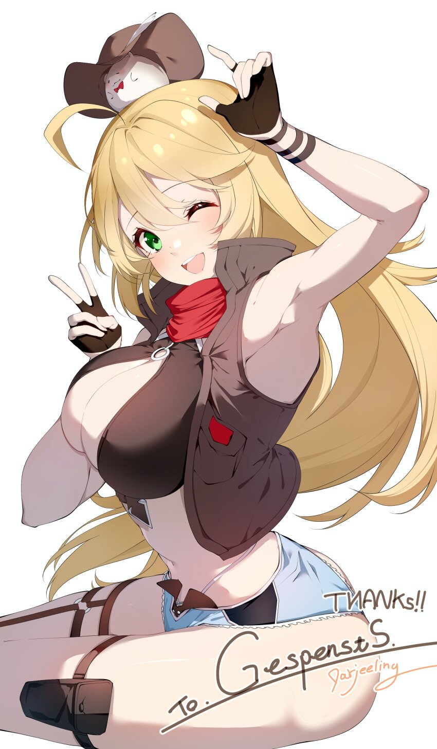 1girl ;d absurdres ahoge armpits black_gloves blonde_hair blue_shorts blush breasts brown_hat brown_jacket cleavage commission commissioner_name cowboy_hat darjeeling_(reley) fingerless_gloves gloves green_eyes hair_between_eyes hands_up hat highres jacket large_breasts looking_at_viewer navel o-ring o-ring_thigh_strap one_eye_closed open_mouth original red_scarf scarf second-party_source shorts signature simple_background sitting skeb_commission sleeveless sleeveless_jacket smile solo teeth thank_you thigh_strap upper_teeth_only v white_background