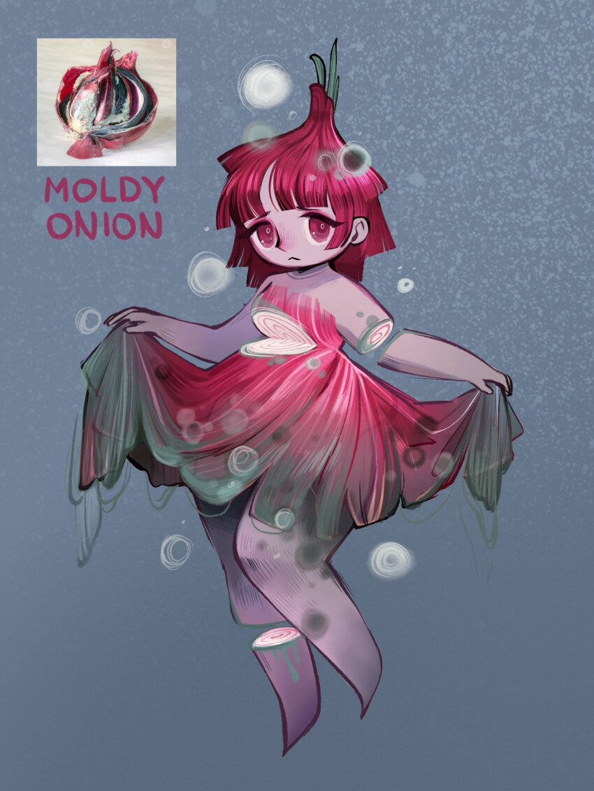 chopped_spring_onion colored_skin commentary dress english_commentary english_text feefal food green_background highres mold monster_girl onion original personification pink_dress pink_eyes pink_hair pink_skin plant_girl reference_inset sad spores vegetable