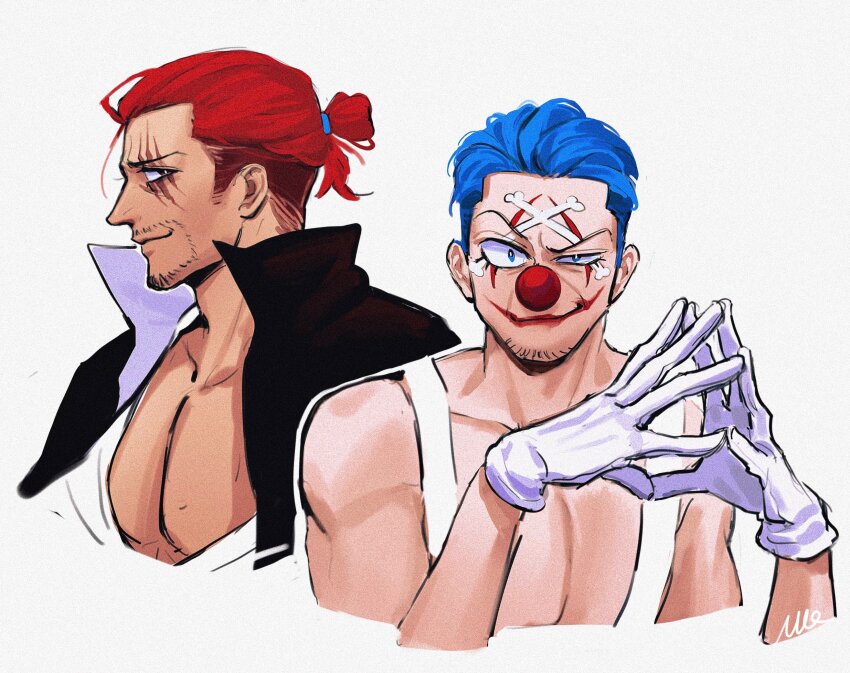 2boys beard blue_hair buggy_the_clown closed_mouth clown_nose connected_beard cropped_torso facepaint facial_hair gloves goatee_stubble hair_bun highres looking_at_viewer male_focus multiple_boys one_piece pectoral_cleavage pectorals red_hair scar scar_across_eye scar_on_face shanks_(one_piece) short_hair simple_background stubble tank_top vamos_mk white_background white_gloves white_tank_top