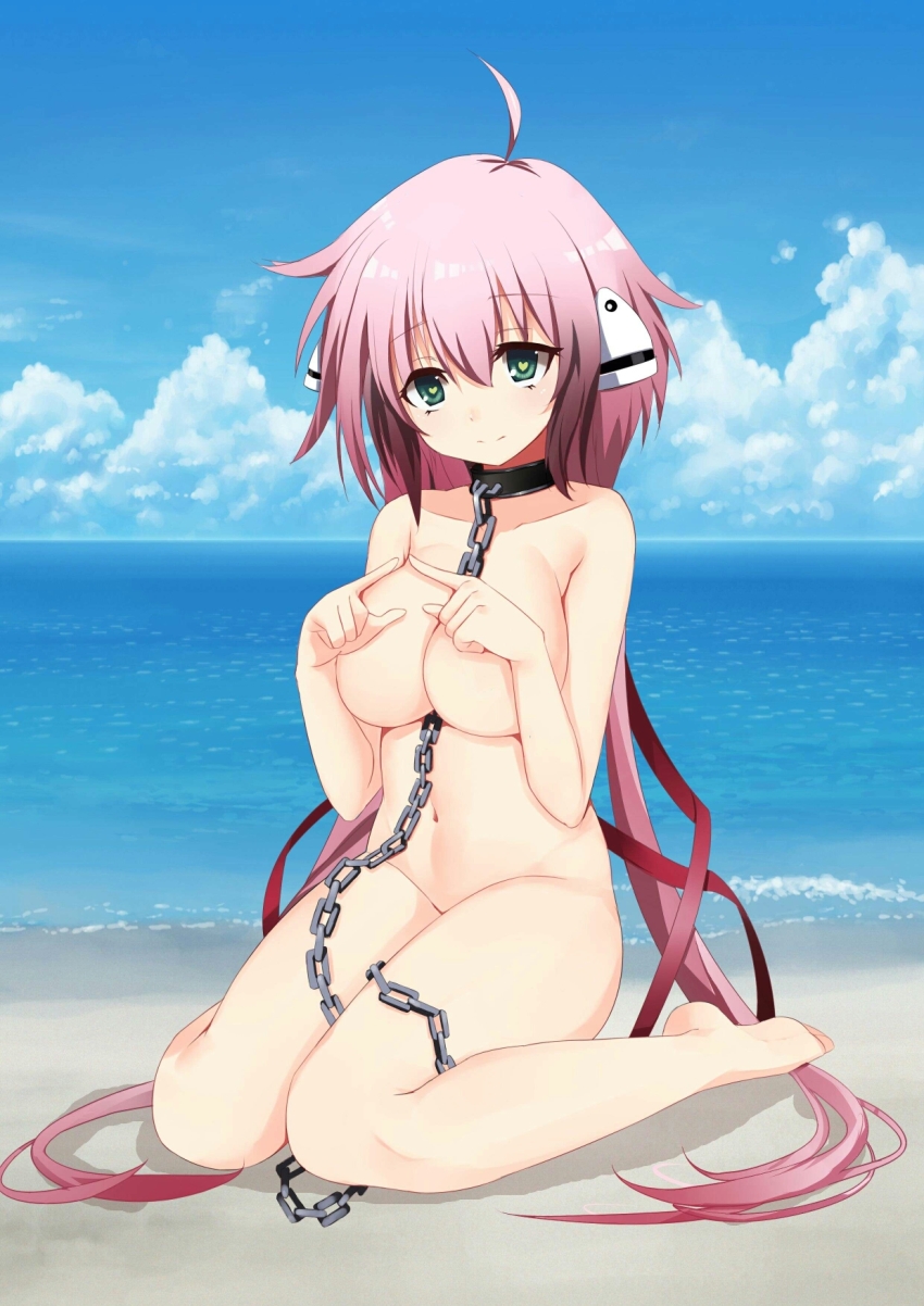 1girl ahoge barefoot beach between_breasts between_legs blue_sky blush breasts chain chain_between_breasts closed_mouth cloud collar collarbone commentary_request convenient_arm convenient_censoring day female_focus fingers_together full_body gradient_hair green_eyes hair_between_eyes hair_ribbon head_tilt heart heart-shaped_pupils highres horizon ikaros index_fingers_together large_breasts long_hair looking_at_viewer low_twintails multicolored_hair navel nude ocean on_ground outdoors pink_hair red_hair red_ribbon ribbon robot_ears sidelocks sitting sky smile solo sora_no_otoshimono symbol-shaped_pupils tareme twintails very_long_hair wariza
