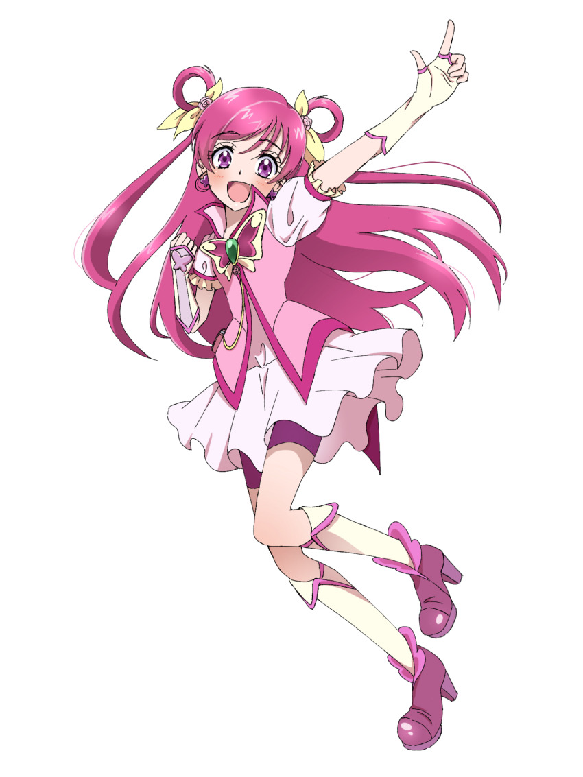 1girl bike_shorts blush boots bow butterfly_brooch butterfly_earrings cure_dream dress earrings fingerless_gloves flower gloves hair_bow hair_flower hair_ornament hair_rings high_heel_boots high_heels highres jewelry kneehighs long_hair magical_girl open_mouth pink_boots pink_eyes pink_hair pink_shorts pink_vest precure shigen_pr short_sleeves shorts socks solo two-tone_gloves vest white_dress yellow_bow yellow_socks yes!_precure_5 yes!_precure_5_gogo! yumehara_nozomi