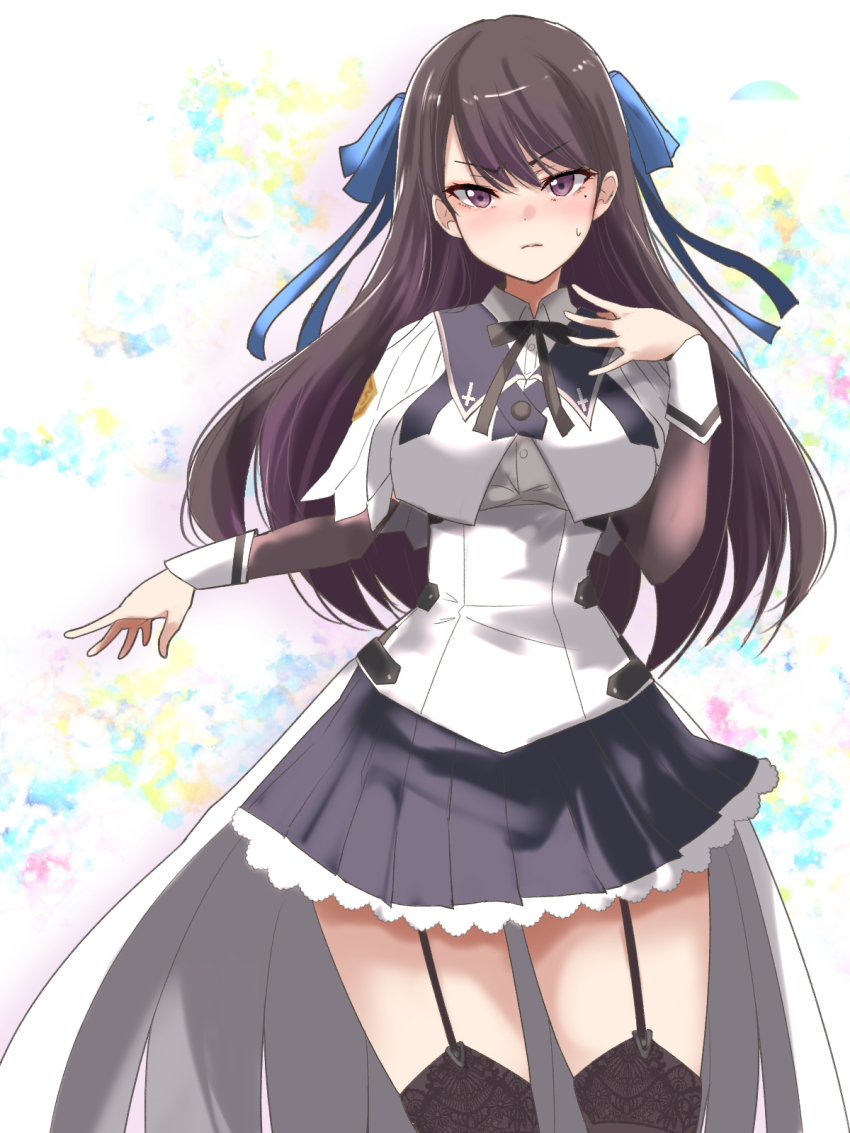 1girl assault_lily bang_dream! bang_dream!_it&#039;s_mygo!!!!! black_hair black_ribbon black_skirt black_thighhighs blue_background blue_ribbon blush breasts buttons capelet closed_mouth collared_shirt colorful_background commentary cosplay cowboy_shot cropped_jacket detached_sleeves garter_straps hair_between_eyes hair_ribbon hands_up hayashi_coco highres long_hair long_sleeves looking_at_viewer medium_breasts miniskirt mole mole_under_eye neck_ribbon nose_blush purple_background purple_eyes ribbon school_uniform shiina_taki shirt skirt solo standing sweatdrop tada_shiera tada_shiera_(cosplay) thighhighs underbust urutsu_sahari v-shaped_eyebrows voice_actor_connection waist_cape white_background white_capelet white_shirt yellow_background yurigaoka_girls_academy_school_uniform zettai_ryouiki