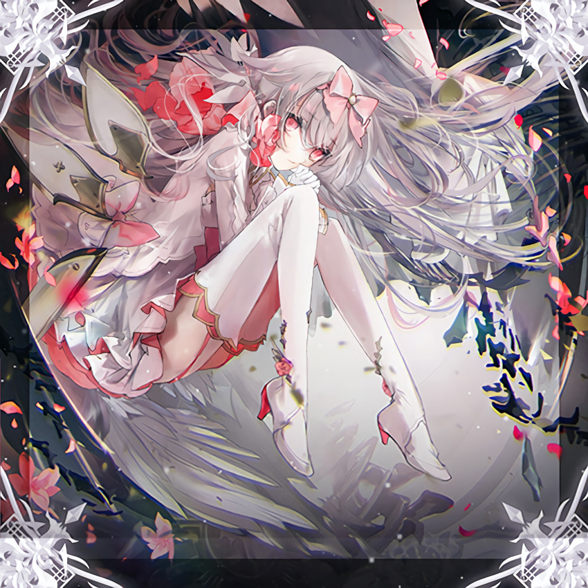 arcaea boots bow breasts choker cierra_(ra-bit) cleavage dress elbow_gloves flower full_body gloves hair_ornament high_heels highres hikari_(arcaea) hikari_(fatalis)_(arcaea) long_hair lying medium_breasts non-web_source ribbon rose shoes skirt solo very_long_hair white_gloves white_hair
