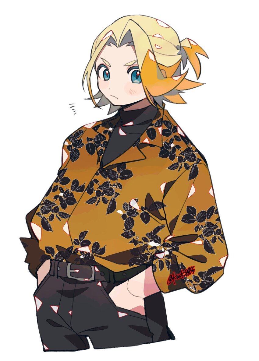 1boy alternate_costume black_gloves black_pants black_sweater blonde_hair blue_eyes closed_mouth commentary_request gloves gordie_(pokemon) hands_in_pockets highres kawasaki_(kwsk_8765) leaf_print looking_at_viewer male_focus nintendo no_eyewear notice_lines orange_hair orange_shirt pants pokemon pokemon_swsh shirt simple_background solo sweater white_background