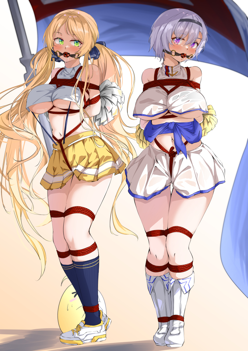 2girls absurdres arms_behind_back azur_lane baby_animal ball_gag bare_shoulders bdsm bird black_hairband black_socks blonde_hair blue_ribbon blush bondage boots bound breasts cheerleader chick commentary commission crop_top crop_top_overhang crotch_rope flag gag gn_nanon green_eyes grey_hair hair_between_eyes hair_ribbon hairband highres holding holding_pom_poms hornet_(azur_lane) hornet_(cheering_justice!)_(azur_lane) knee_boots kneehighs large_breasts long_hair looking_at_viewer manjuu_(azur_lane) miniskirt multiple_girls navel official_alternate_costume parted_bangs pleated_skirt pom_pom_(cheerleading) pom_poms purple_eyes purple_sash reno_(azur_lane) reno_(biggest_little_cheerleader)_(azur_lane) restrained ribbon saliva sash see-through_clothes see-through_skirt shadow shibari shirt shoes short_hair sidelocks skeb_commission skindentation skirt sleeveless sleeveless_shirt sneakers socks standing stomach suspender_skirt suspenders thigh_gap twintails two-tone_shirt two-tone_skirt underboob very_long_hair white_footwear white_shirt white_skirt wiffle_gag yellow_skirt