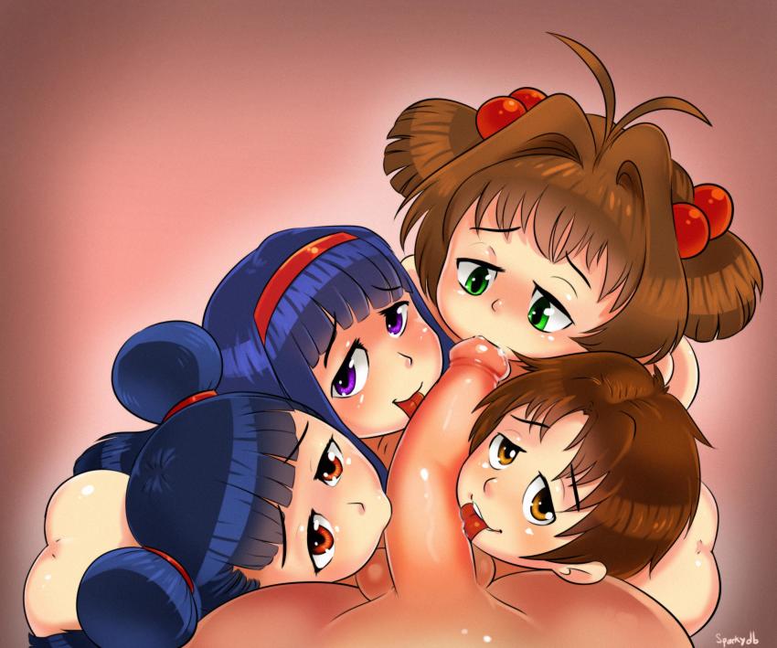 2boys 3girls age_difference bisexual_male brown_hair cardcaptor_sakura daidouji_tomoyo fellatio green_eyes highres kinomoto_sakura li_meiling li_xiaolang licking licking_penis loli looking_at_viewer multiple_boys multiple_girls nude oral penis pov purple_eyes shota signature sparkydb tagme testicles uncensored