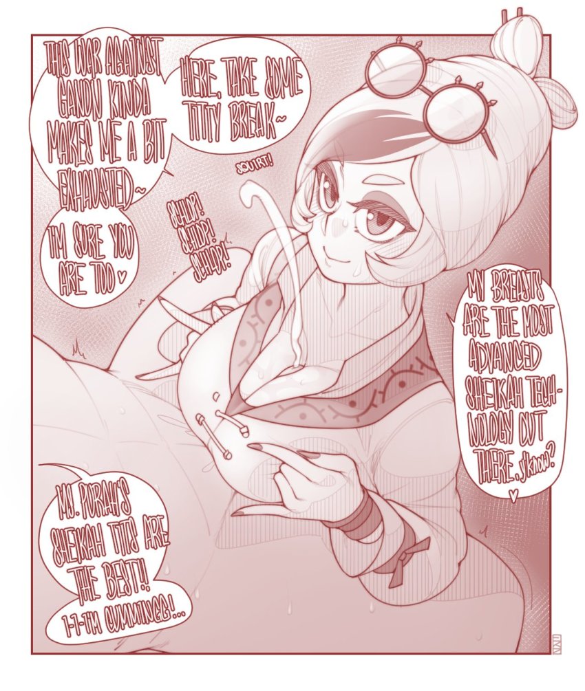1boy 1girl \m/ aged_down blush breasts cleavage clothed_female_nude_male ekz_(robotekz) english_text eyewear_on_head fingernails hetero highres hyrule_warriors:_age_of_calamity large_breasts monochrome multicolored_hair nintendo nude paizuri paizuri_under_clothes penis purah round_eyewear sepia sharp_fingernails sheikah short_hair smile solo_focus speech_bubble streaked_hair swept_bangs the_legend_of_zelda the_legend_of_zelda:_breath_of_the_wild uncensored updo