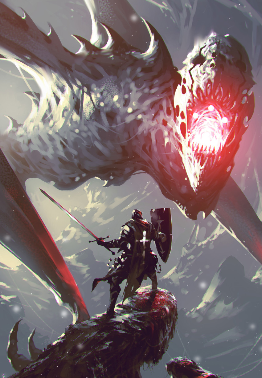 1other absurdres ambiguous_gender armor cave eldritch_abomination fighting from_behind full_armor glowing_mouth hands_up highres holding holding_shield holding_sword holding_weapon hollow_eyes kalmahul knight legs_apart monster original outdoors scenery sharp_teeth shield size_difference snowing standing sword teeth torn_clothes torn_tunic tunic weapon