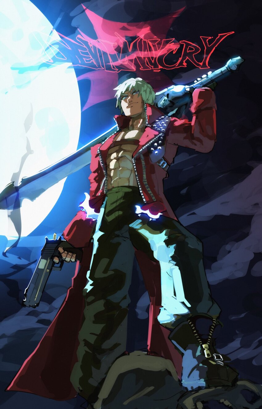 1boy abs belt_bra black_pants blue_eyes cloud coat copyright_name dante_(devil_may_cry) devil_may_cry devil_may_cry_(series) devil_may_cry_3 ebony_&amp;_ivory fingerless_gloves full_body full_moon funnismonkis gloves gun hand_up handgun highres holding holding_gun holding_sword holding_weapon looking_at_viewer male_focus moon moonlight muscular muscular_male night night_sky open_clothes open_coat over_shoulder pants rebellion_(sword) red_coat short_hair sky smile smoke smoke_trail solo standing sword topless_male v-shaped_eyebrows weapon weapon_over_shoulder white_hair
