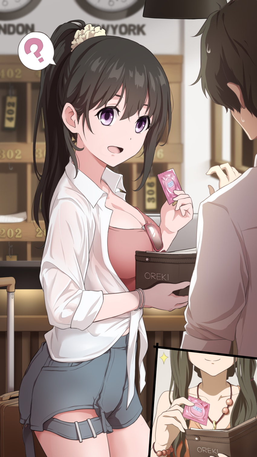 !? 1boy 2girls alternate_costume black_hair breasts brown_hair chitanda_eru cleavage closed_mouth collarbone collared_shirt commentary_request condom dress_shirt grey_shorts high_ponytail highres holding holding_condom hyouka jewelry laofuzi_dai_bansho long_hair medium_breasts multiple_girls necklace open_clothes open_mouth open_shirt oreki_houtarou oreki_tomoe pink_shirt ponytail purple_eyes revision shirt short_hair short_shorts shorts smile speech_bubble spoken_interrobang standing sweatdrop tied_shirt white_shirt wing_collar