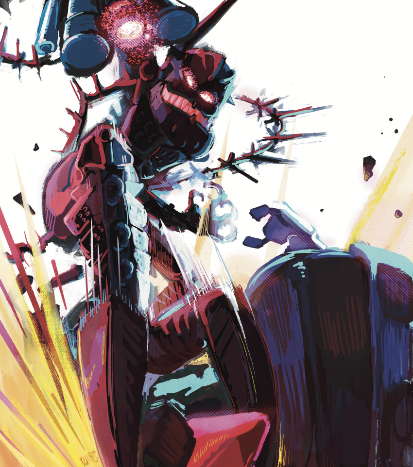 absurdres arm_cannon bionicle cmccillustr8 commentary english_commentary fewer_digits glowing glowing_eyes ground_shatter hakann_(bionicle) highres humanoid_robot looking_down red_eyes robot sharp_teeth smile solo_focus spikes teeth the_lego_group weapon white_background
